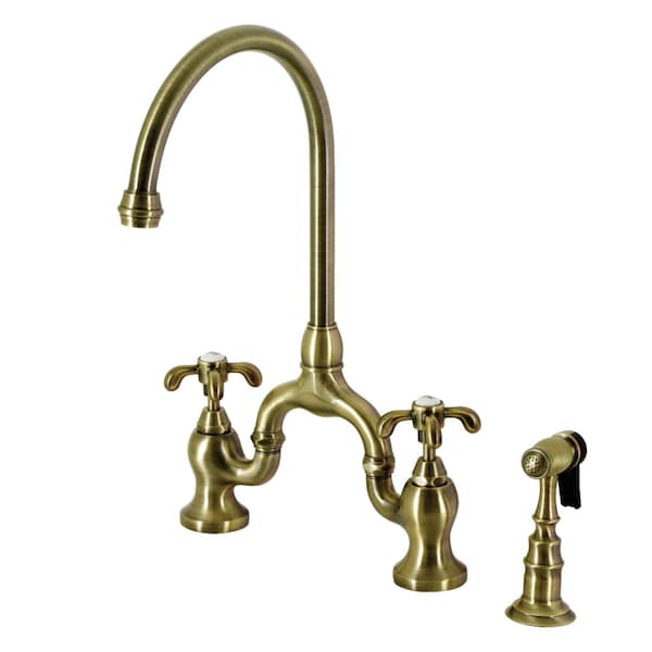 Kingston Brass Bridge Kitchen Faucet with Brass Sprayer, Antique Brass KS7793TXBS - main